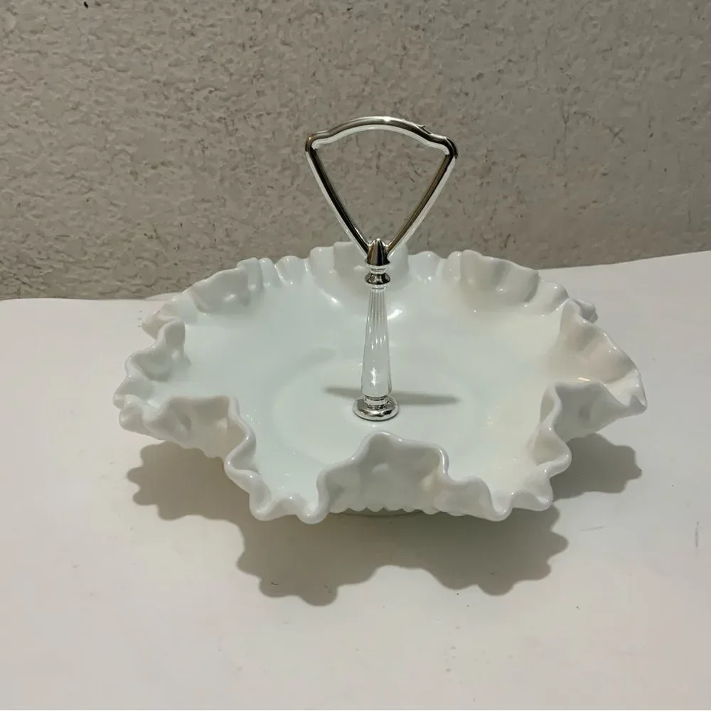 Fenton Vintage White Hobnail Ruffled Edge Milk Glass Candy Dish w/Silver Handle
